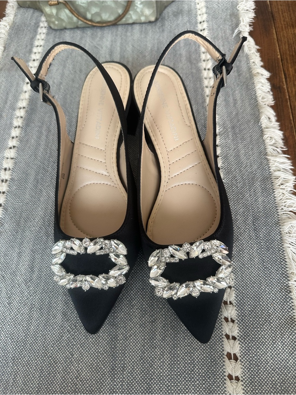 Black Embellished Pointed Slingback Heels